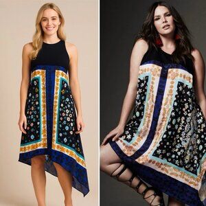 Rachel Roy Handkerchief Satin Swing Cocktail Dress Asymmetrical Lagenlook Preppy